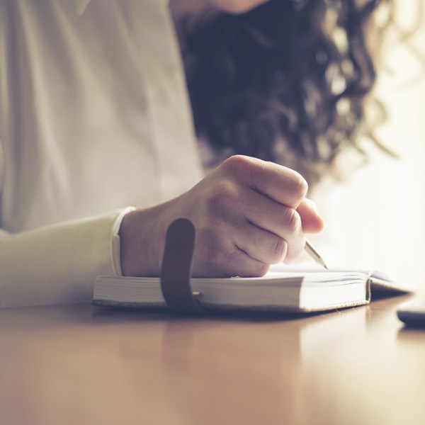 beautiful woman at home writing and working